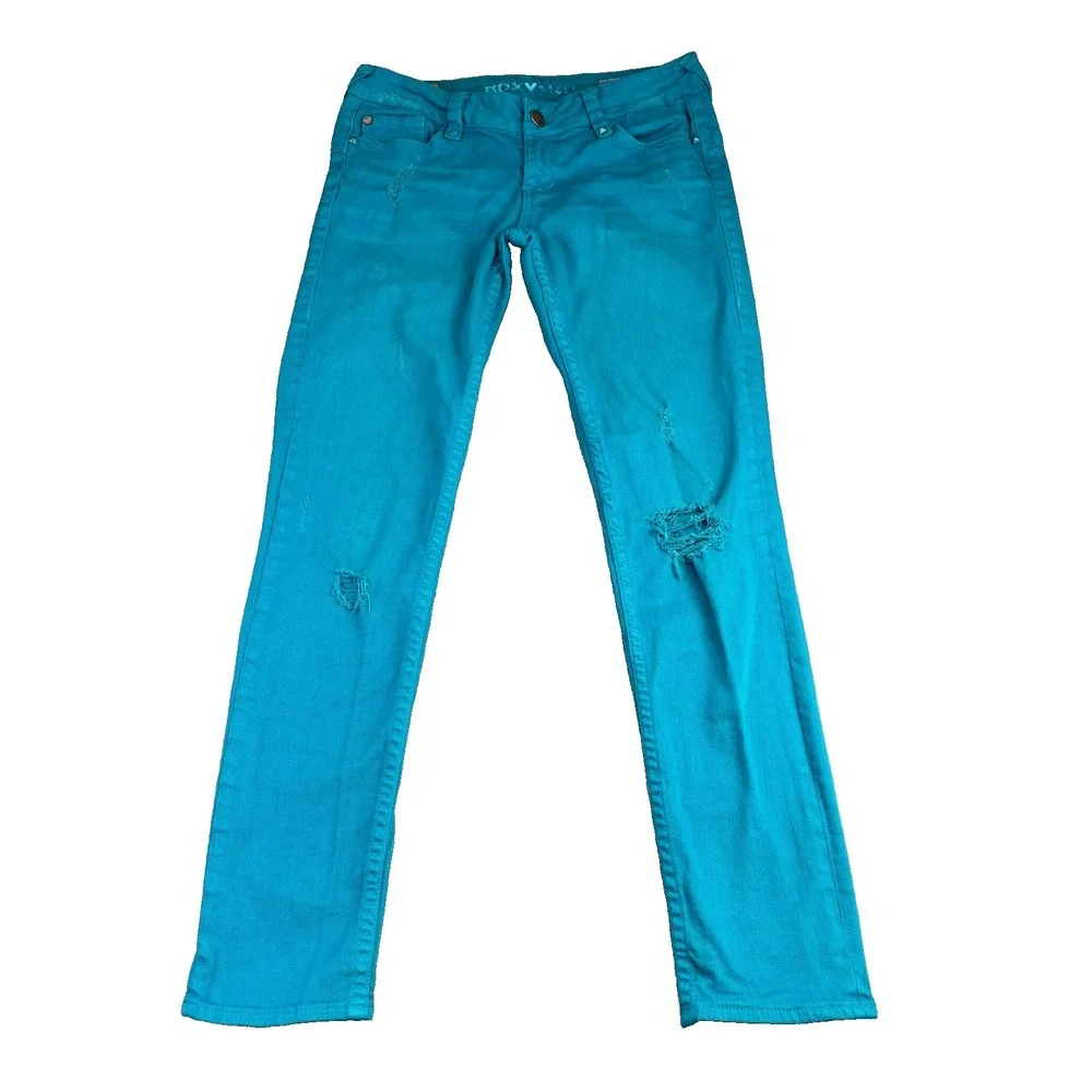 Roxy Women's 9 32x28 Super Skinny Jeans Teal Blue Distressed Retro Grunge Street